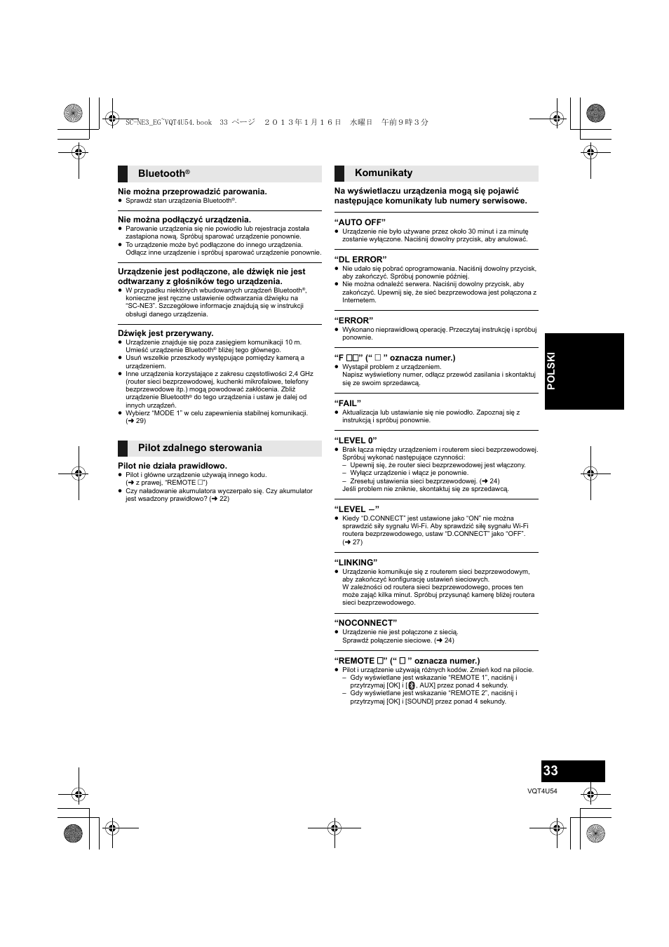 Po l sk i, Bluetooth, Pilot zdalnego sterowania komunikaty | Panasonic SCNE3EG User Manual | Page 33 / 60