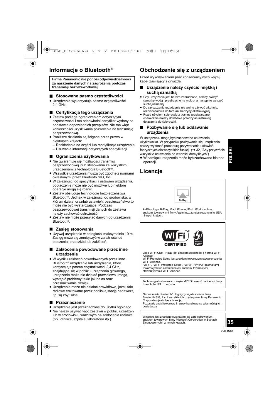 Informacje o bluetooth, Obchodzenie się z urządzeniem, Licencje | Panasonic SCNE3EG User Manual | Page 35 / 60