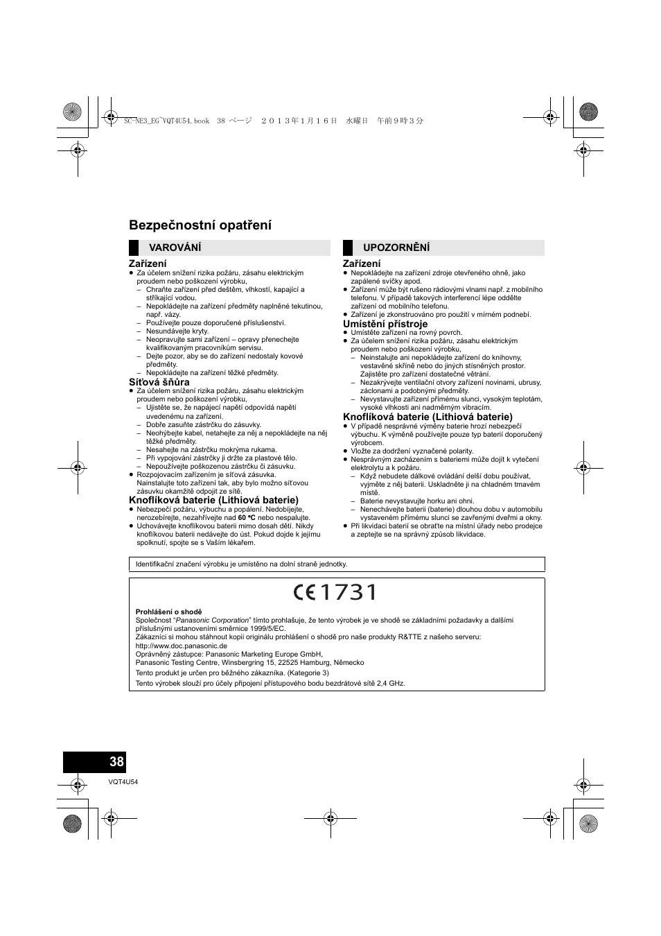 Bezpečnostní opatření | Panasonic SCNE3EG User Manual | Page 38 / 60