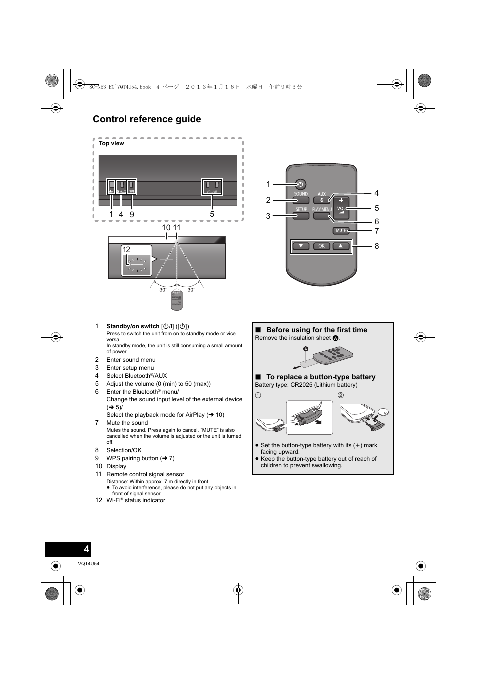 Control reference guide | Panasonic SCNE3EG User Manual | Page 4 / 60