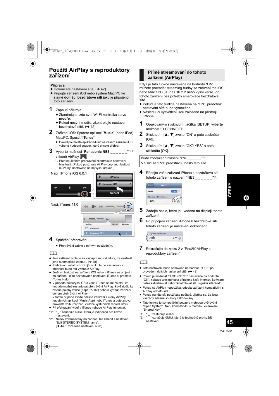 Použití airplay s reproduktory zařízení | Panasonic SCNE3EG User Manual | Page 45 / 60