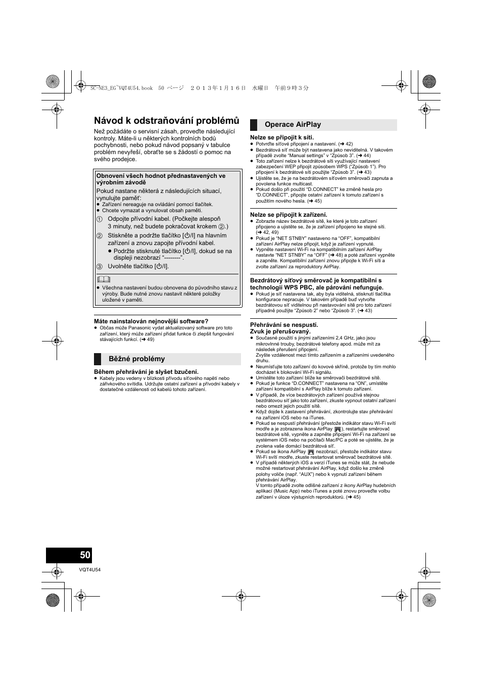 Návod k odstraňování problémů, Běžné problémy operace airplay | Panasonic SCNE3EG User Manual | Page 50 / 60