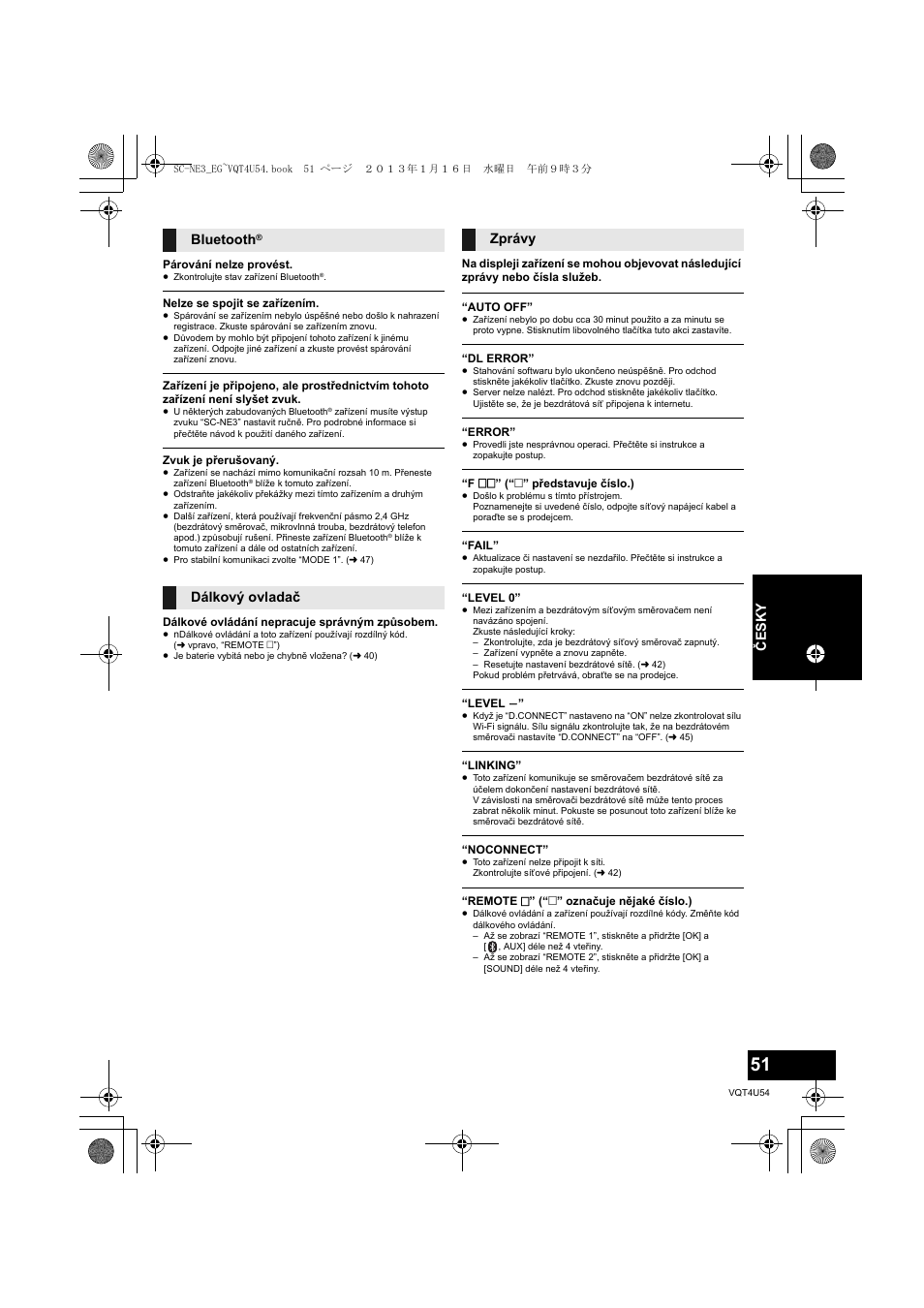 Česky, Bluetooth, Dálkový ovladač zprávy | Panasonic SCNE3EG User Manual | Page 51 / 60