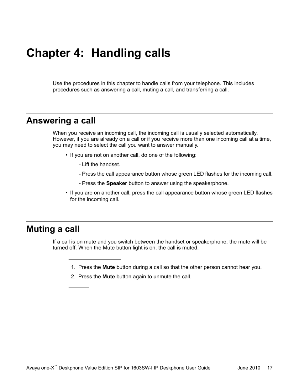 Chapter 4: handling calls, Answering a call, Muting a call | Answering a call muting a call | Avaya one-X 16-603578 User Manual | Page 17 / 30