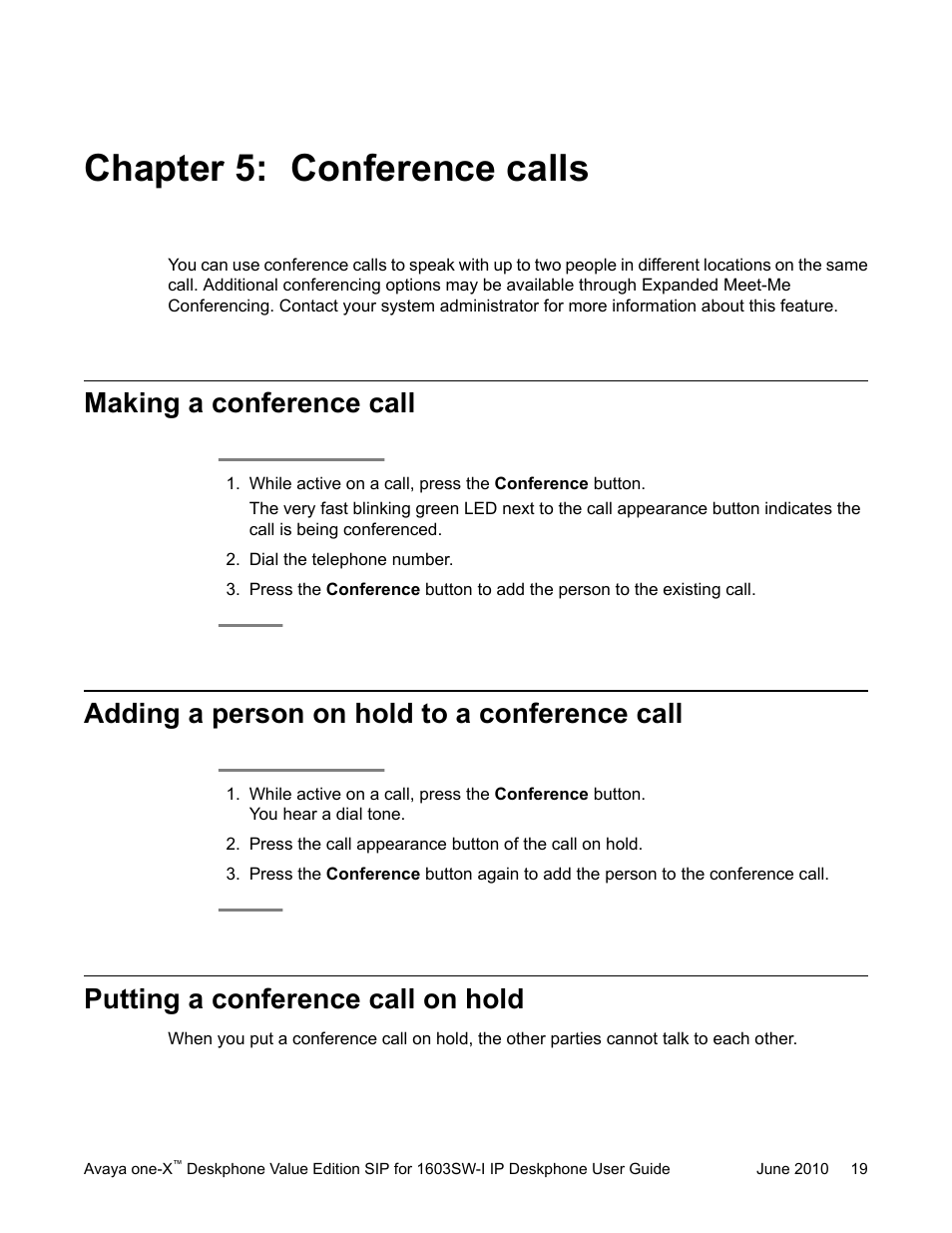 Chapter 5: conference calls, Making a conference call, Adding a person on hold to a conference call | Putting a conference call on hold | Avaya one-X 16-603578 User Manual | Page 19 / 30