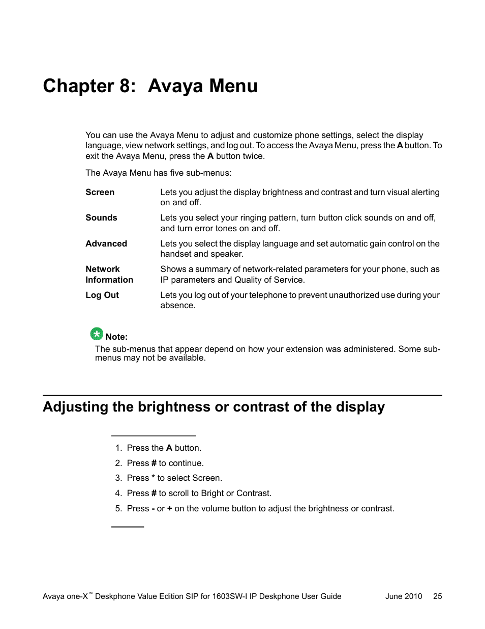 Chapter 8: avaya menu | Avaya one-X 16-603578 User Manual | Page 25 / 30