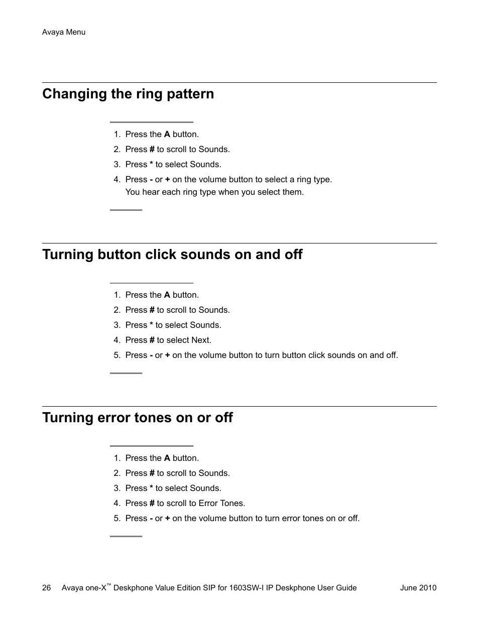 Changing the ring pattern, Turning button click sounds on and off, Turning error tones on or off | Avaya one-X 16-603578 User Manual | Page 26 / 30