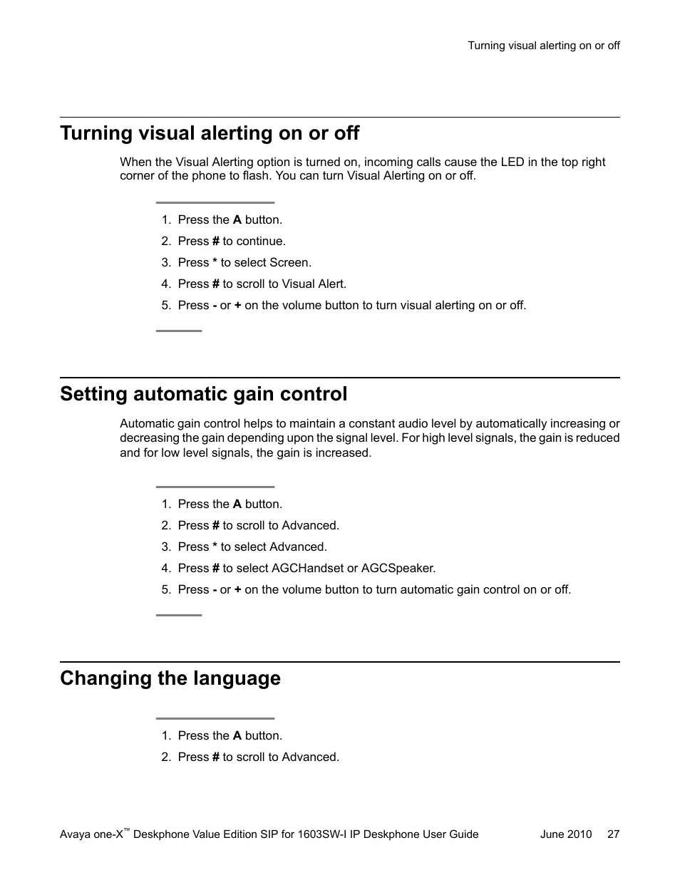 Turning visual alerting on or off, Setting automatic gain control, Changing the language | Avaya one-X 16-603578 User Manual | Page 27 / 30