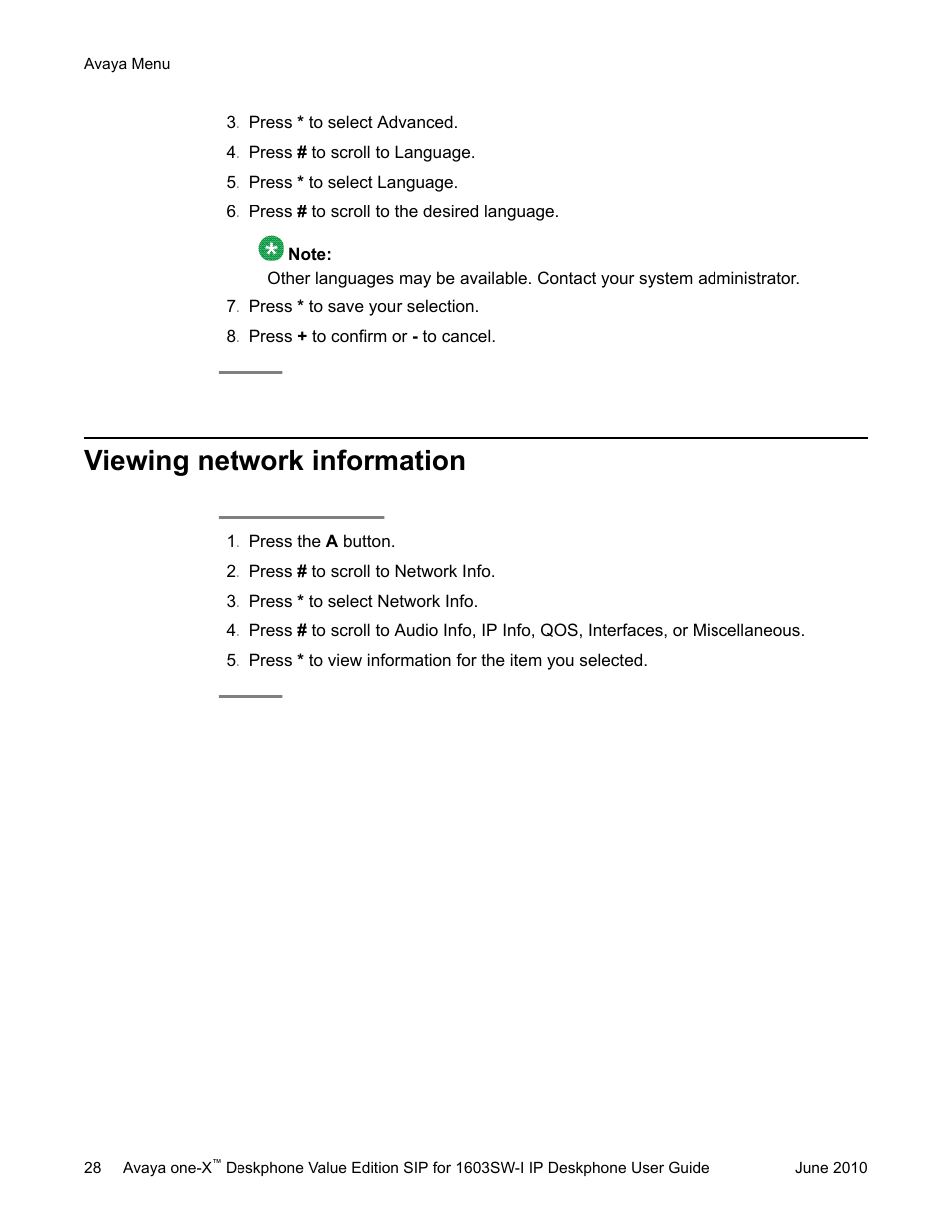 Viewing network information | Avaya one-X 16-603578 User Manual | Page 28 / 30