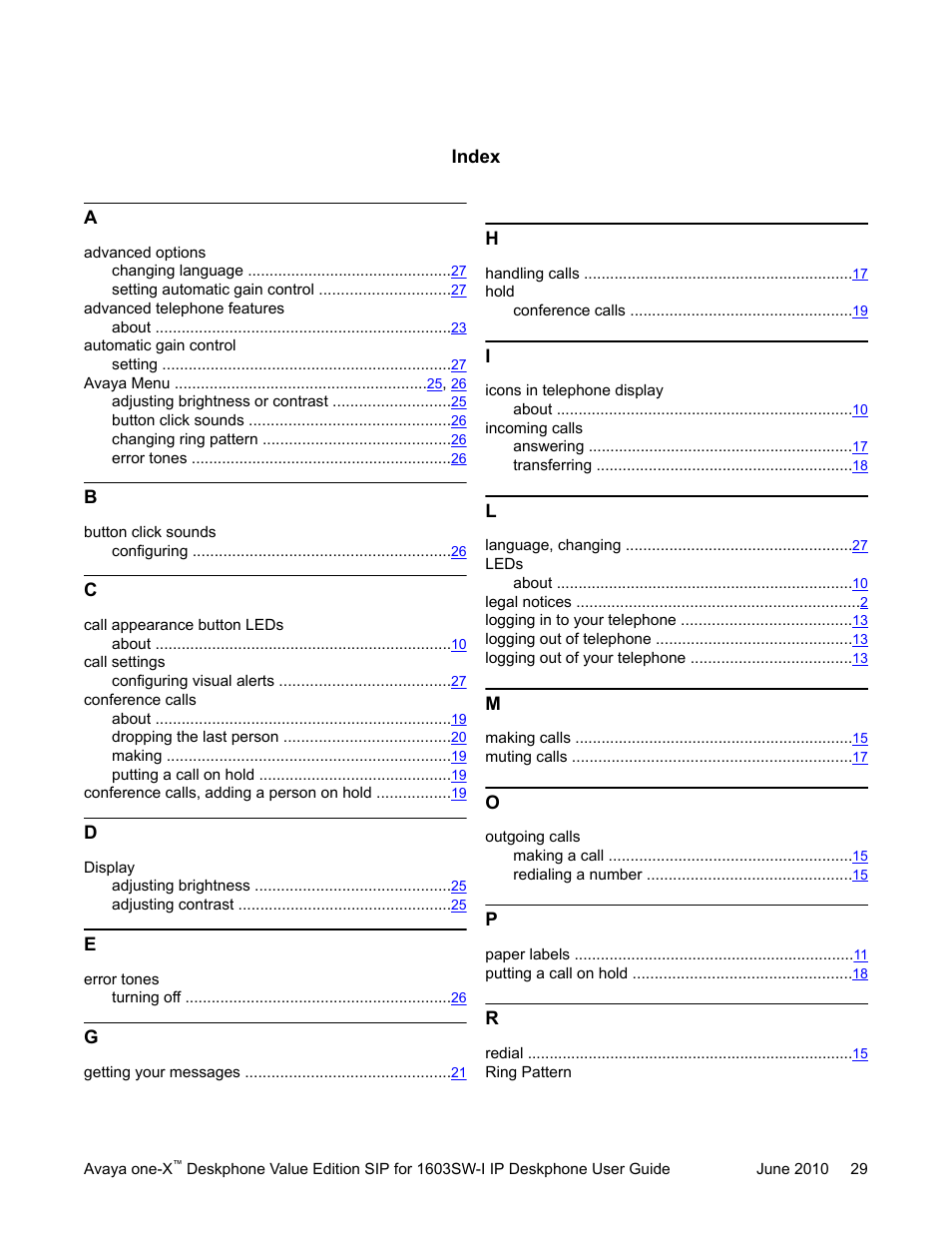 Index | Avaya one-X 16-603578 User Manual | Page 29 / 30