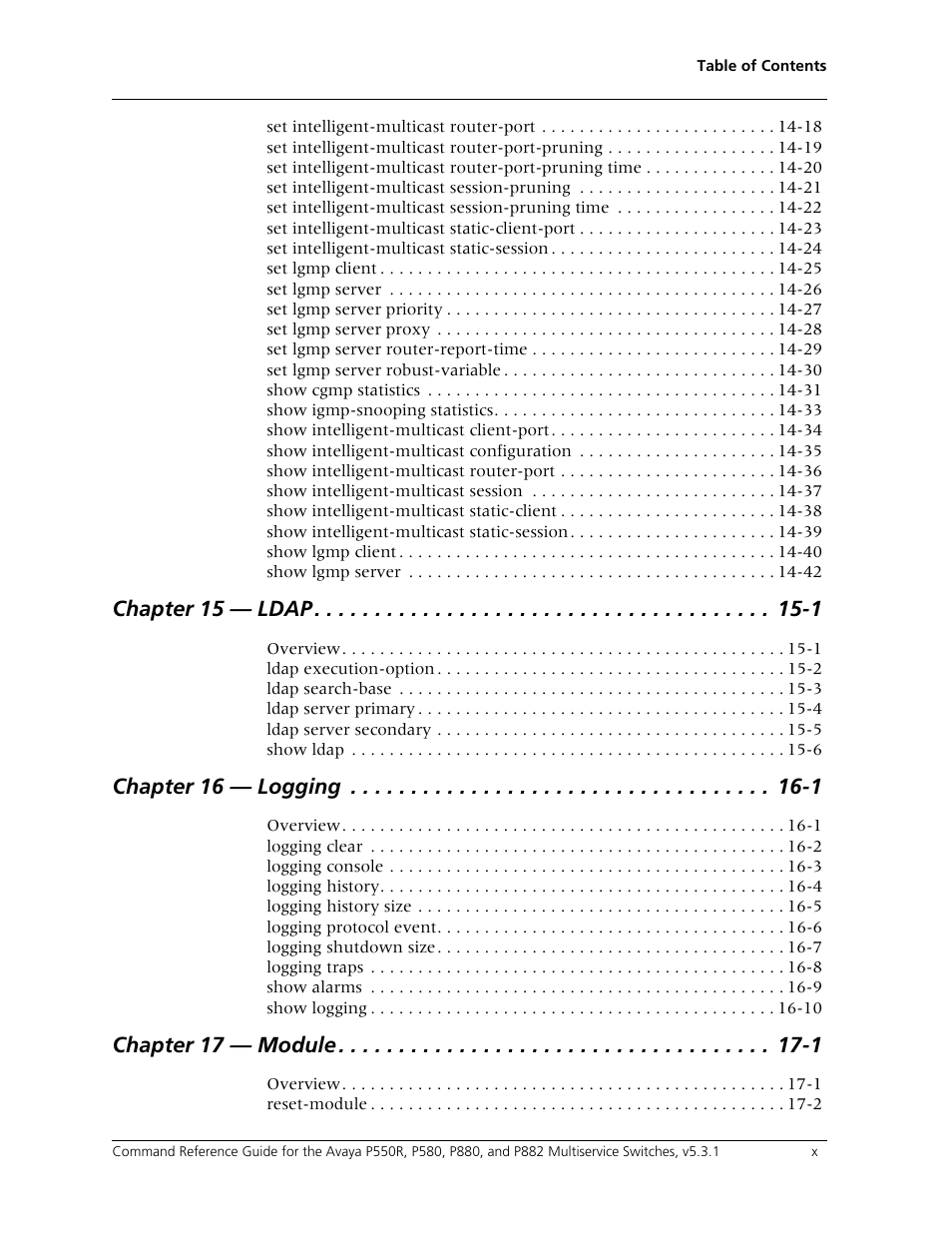 Chapter 15 — ldap -1, Chapter 16 — logging -1, Chapter 17 — module -1 | Avaya Cajun P550R User Manual | Page 10 / 679