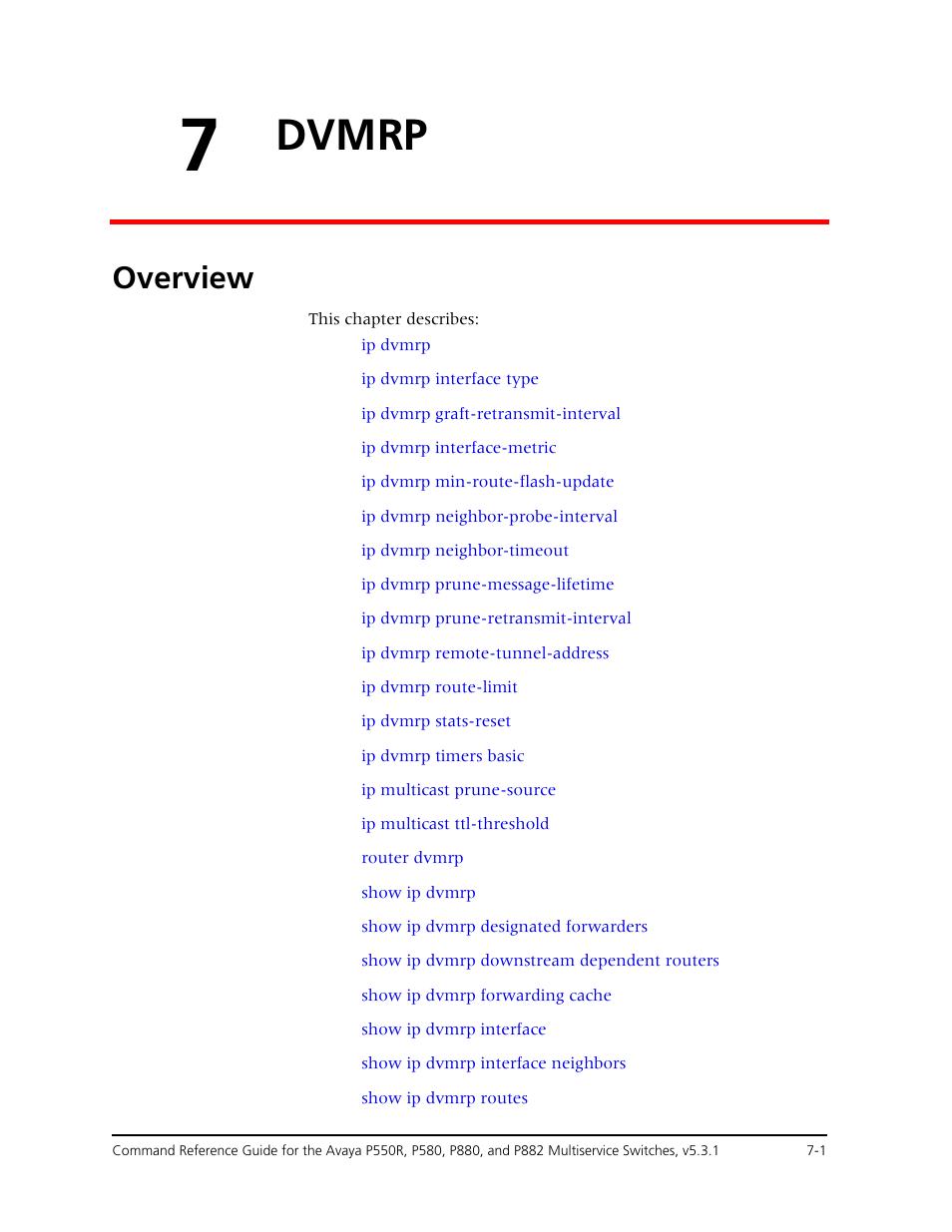 7 dvmrp, Overview, Chapter 7 — dvmrp -1 | Overview -1, Dvmrp | Avaya Cajun P550R User Manual | Page 104 / 679