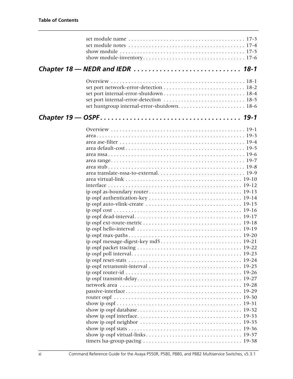 Chapter 18 — nedr and iedr -1, Chapter 19 — ospf -1 | Avaya Cajun P550R User Manual | Page 11 / 679