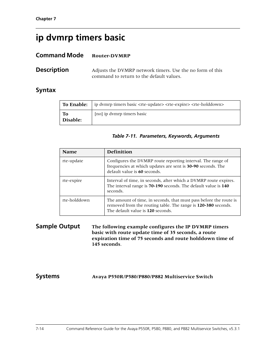 Ip dvmrp timers basic, Ip dvmrp timers basic -14, Command mode | Description, Syntax, Sample output, Systems | Avaya Cajun P550R User Manual | Page 117 / 679