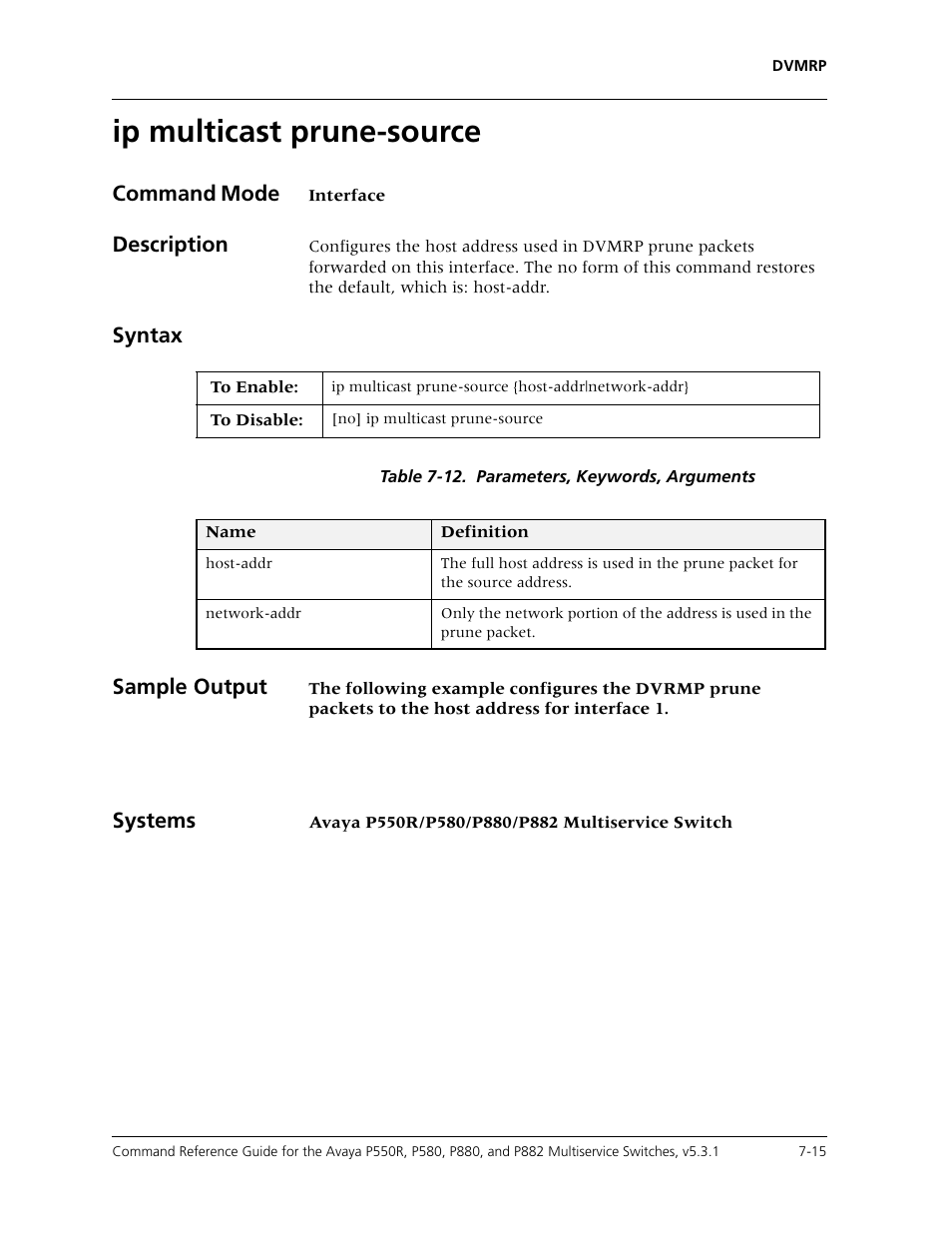 Ip multicast prune-source, Ip multicast prune-source -15, Command mode | Description, Syntax, Sample output, Systems | Avaya Cajun P550R User Manual | Page 118 / 679