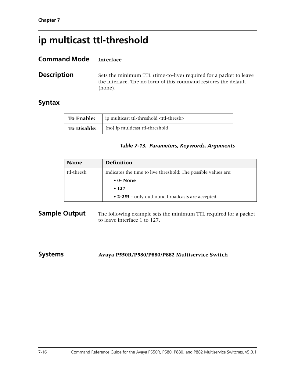 Ip multicast ttl-threshold, Ip multicast ttl-threshold -16, Command mode | Description, Syntax, Sample output, Systems | Avaya Cajun P550R User Manual | Page 119 / 679