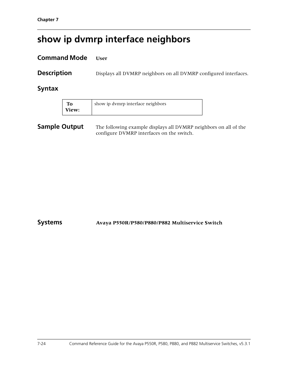 Show ip dvmrp interface neighbors, Show ip dvmrp interface neighbors -24, Command mode | Description, Syntax sample output, Systems | Avaya Cajun P550R User Manual | Page 127 / 679