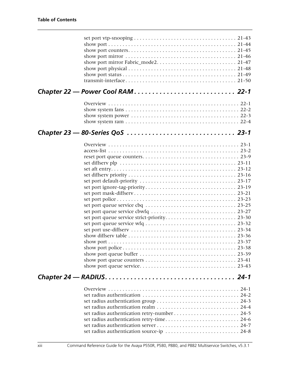 Chapter 22 — power cool ram -1, Chapter 24 — radius -1 | Avaya Cajun P550R User Manual | Page 13 / 679