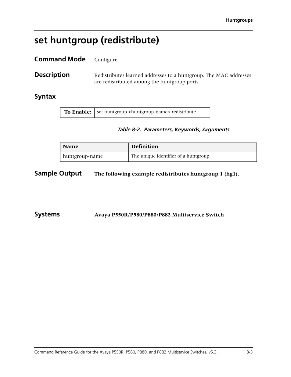 Set huntgroup (redistribute), Set huntgroup (redistribute) -3 | Avaya Cajun P550R User Manual | Page 132 / 679