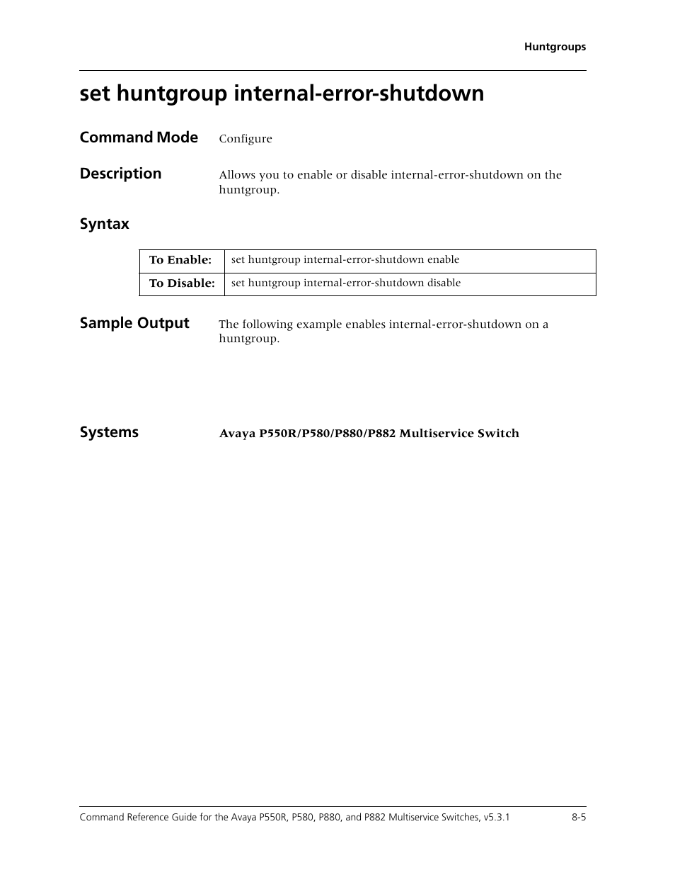 Set huntgroup internal-error-shutdown, Set huntgroup internal-error-shutdown -5 | Avaya Cajun P550R User Manual | Page 134 / 679