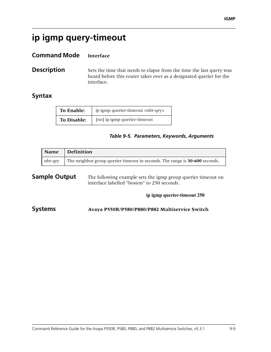 Ip igmp query-timeout, Ip igmp query-timeout -9 | Avaya Cajun P550R User Manual | Page 146 / 679