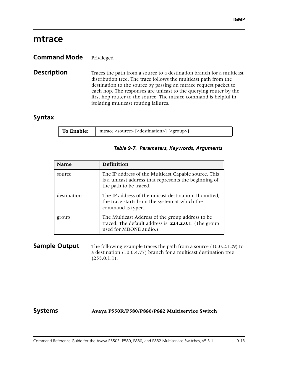 Mtrace, Mtrace -13, Command mode | Description, Syntax, Sample output, Systems | Avaya Cajun P550R User Manual | Page 150 / 679