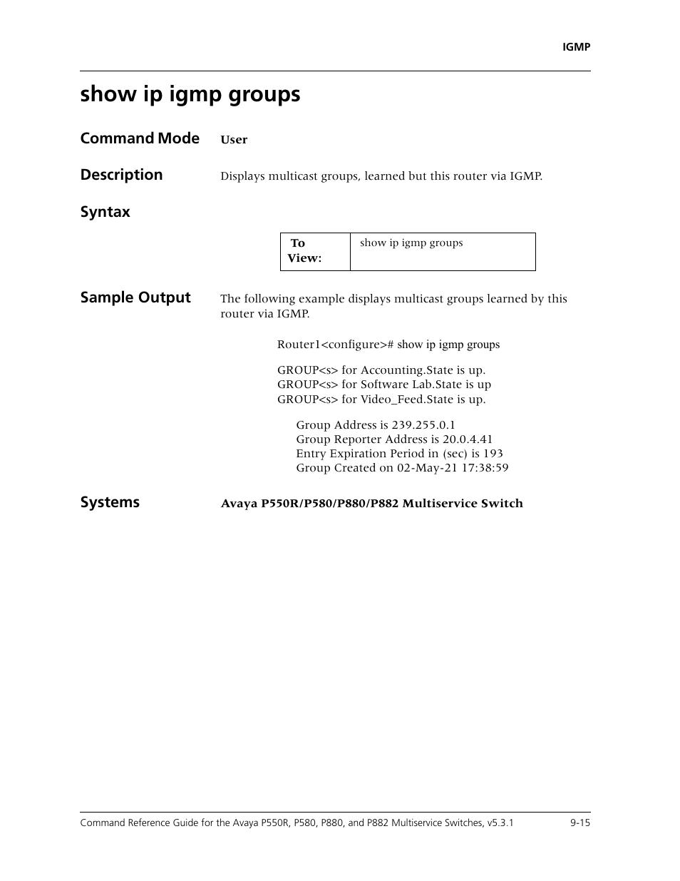 Show ip igmp groups, Show ip igmp groups -15 | Avaya Cajun P550R User Manual | Page 152 / 679