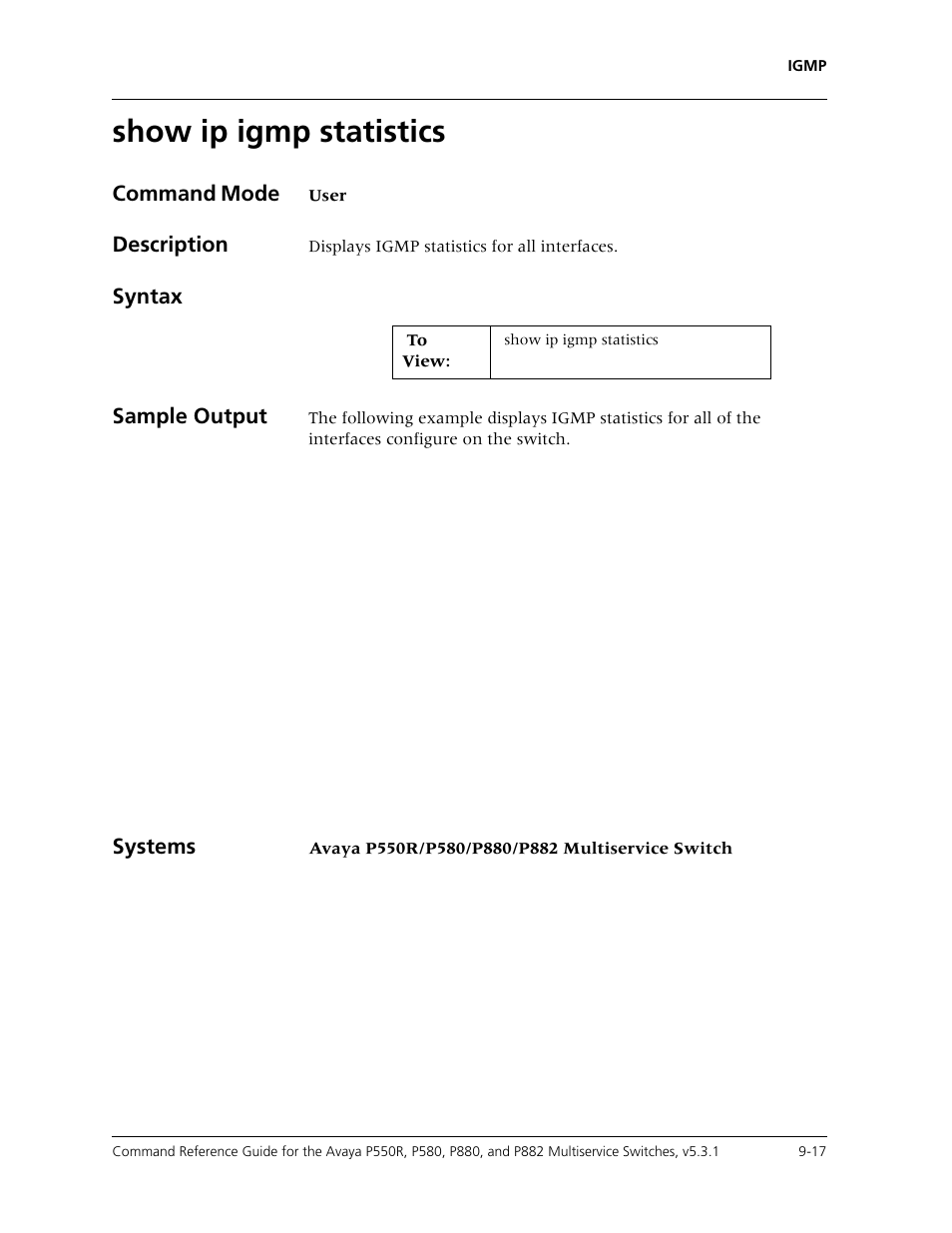 Show ip igmp statistics, Show ip igmp statistics -17, Command mode | Description, Syntax sample output, Systems | Avaya Cajun P550R User Manual | Page 154 / 679