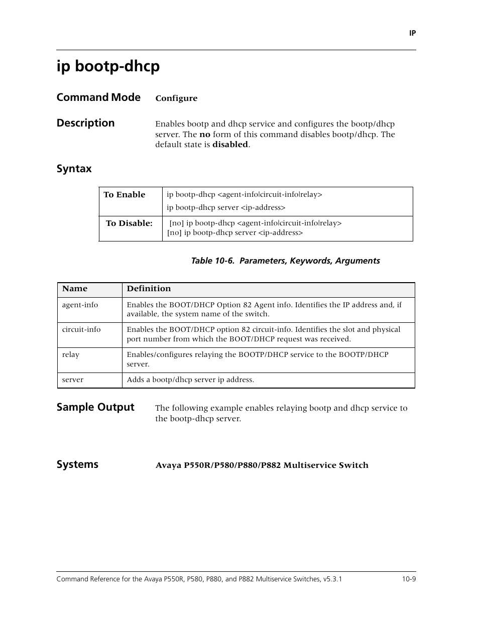 Ip bootp-dhcp, Ip bootp-dhcp -9, Command mode | Description, Syntax, Sample output, Systems | Avaya Cajun P550R User Manual | Page 164 / 679