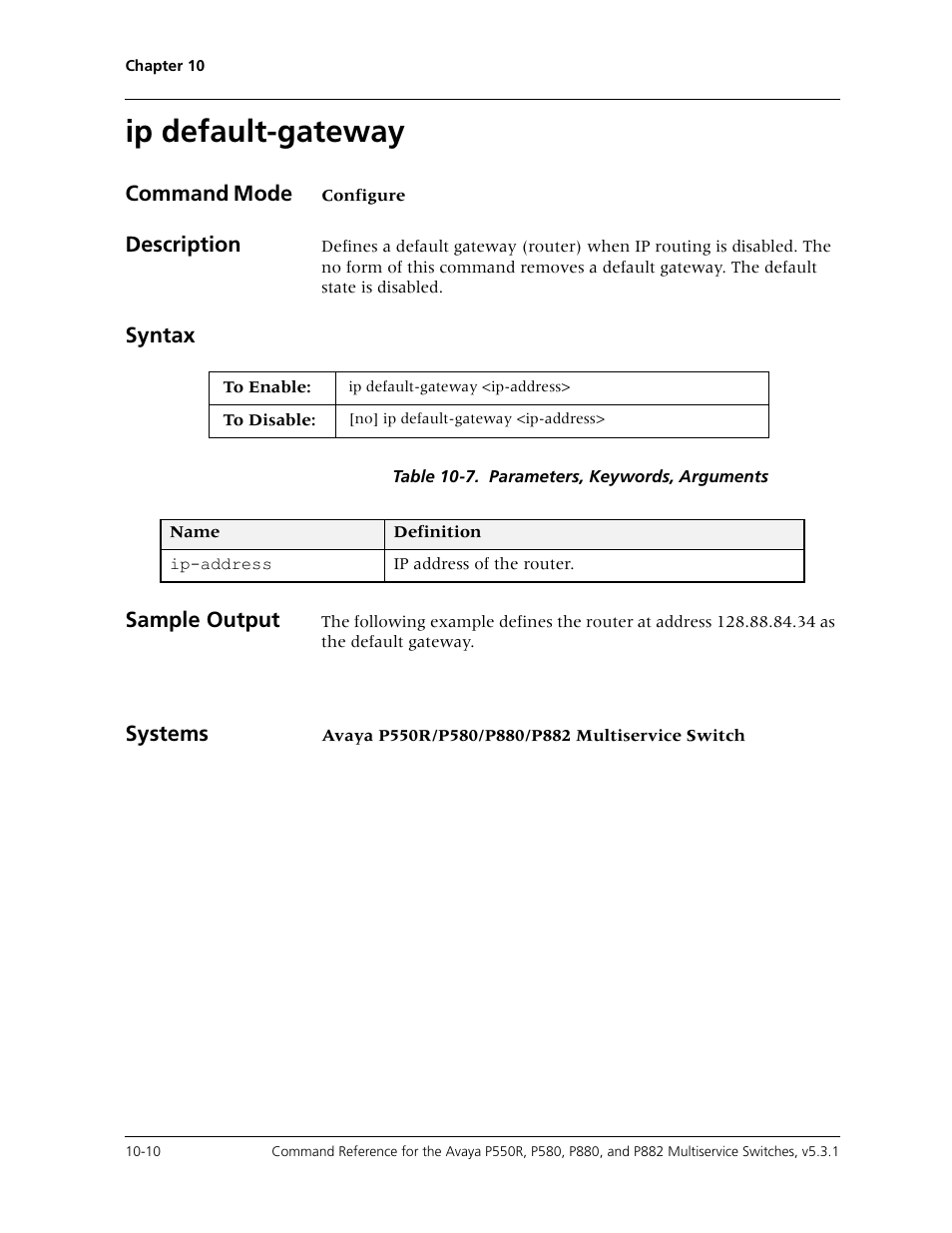 Ip default-gateway, Ip default-gateway -10 | Avaya Cajun P550R User Manual | Page 165 / 679