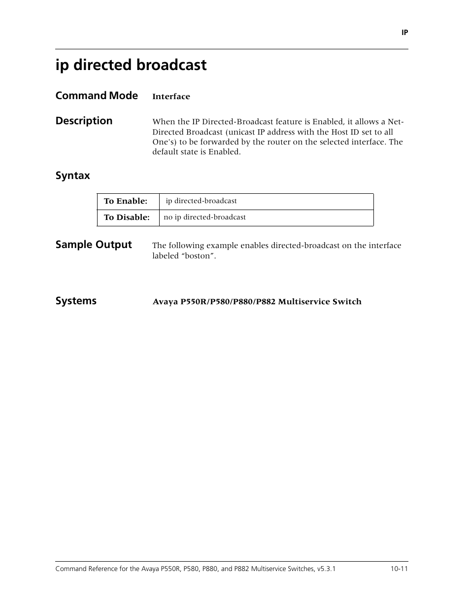 Ip directed broadcast, Ip directed broadcast -11 | Avaya Cajun P550R User Manual | Page 166 / 679