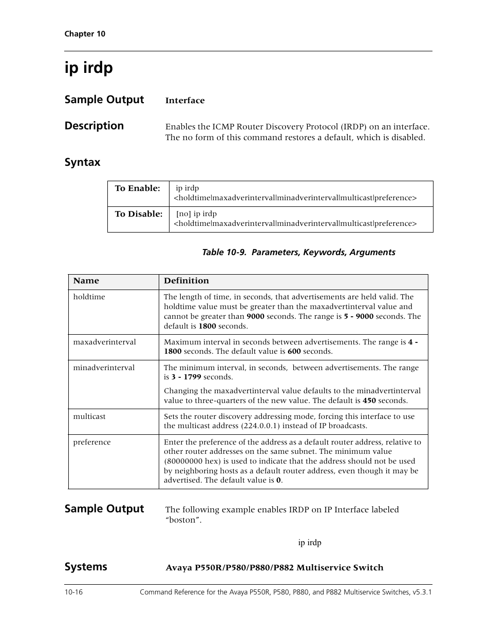 Ip irdp, Ip irdp -16, Sample output | Description, Syntax, Systems | Avaya Cajun P550R User Manual | Page 171 / 679