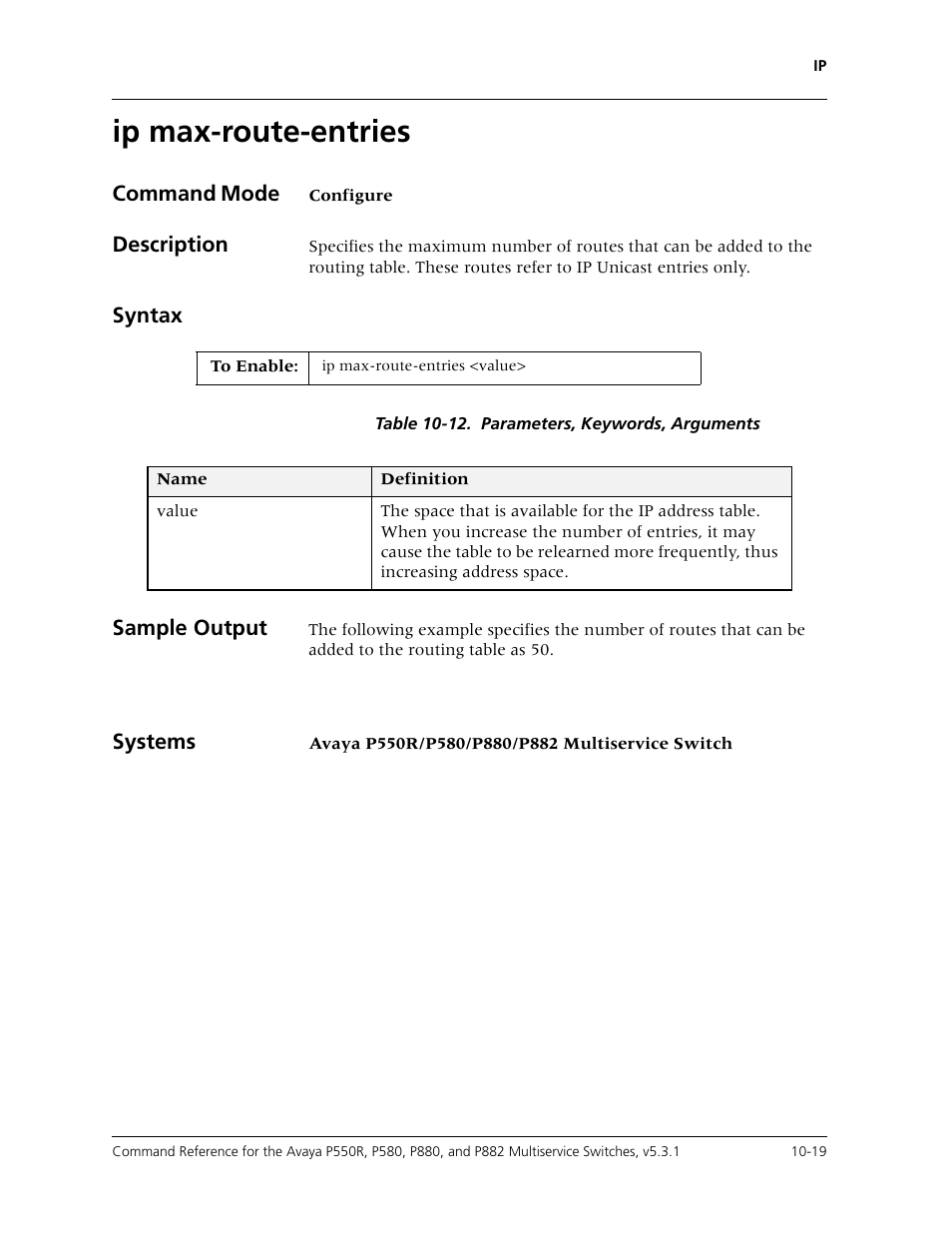 Ip max-route-entries, Ip max-route-entries -19 | Avaya Cajun P550R User Manual | Page 174 / 679