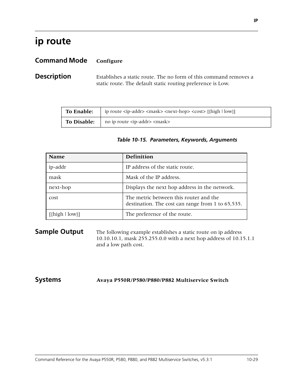 Ip route, Ip route -29 | Avaya Cajun P550R User Manual | Page 184 / 679
