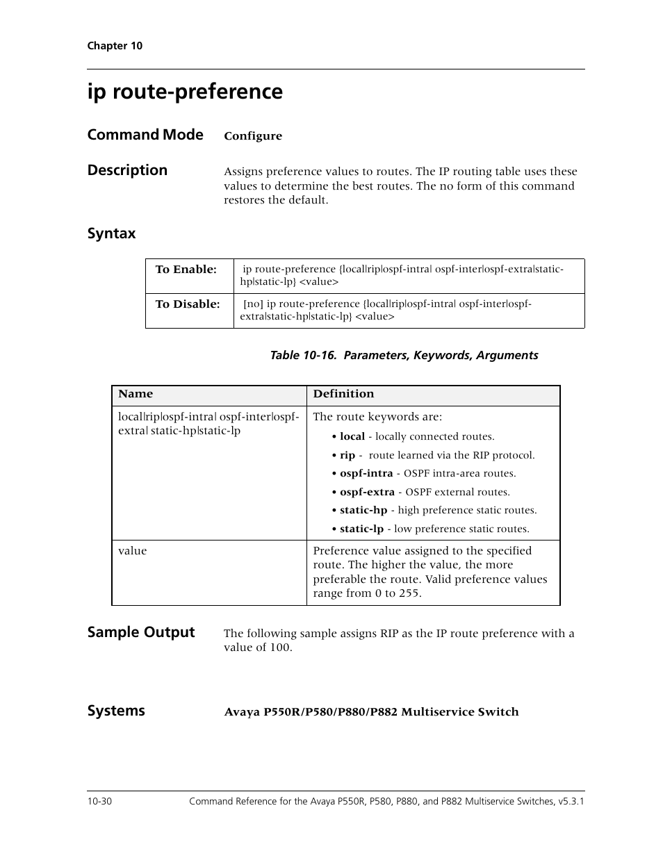 Ip route-preference, Ip route-preference -30, Command mode | Description, Syntax, Sample output, Systems | Avaya Cajun P550R User Manual | Page 185 / 679