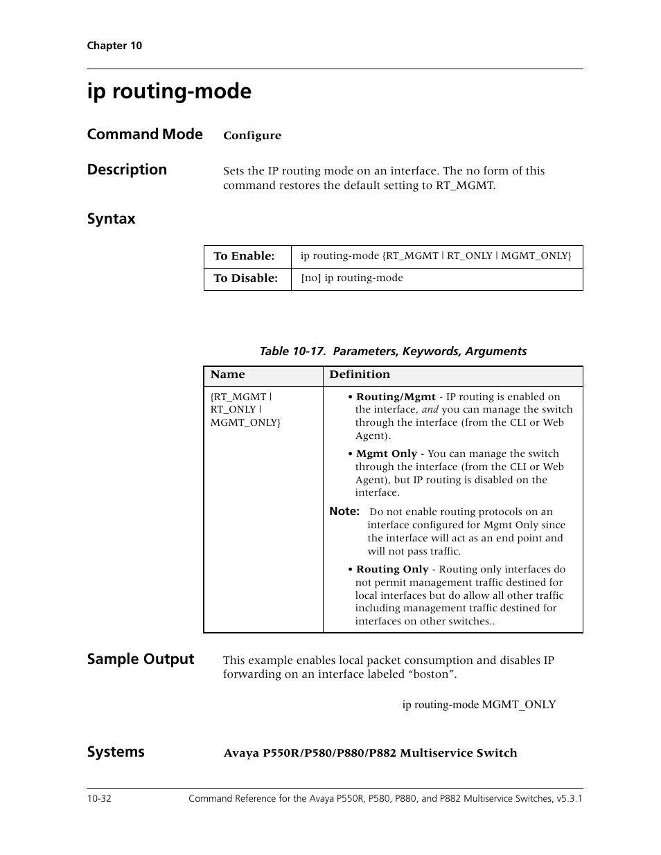 Ip routing-mode, Ip routing-mode -32, Command mode | Description, Syntax sample output, Systems | Avaya Cajun P550R User Manual | Page 187 / 679