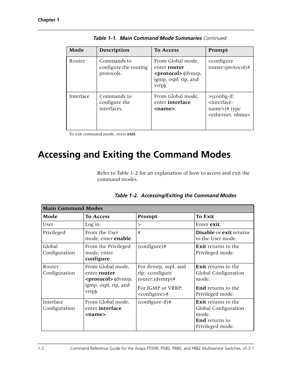 Accessing and exiting the command modes, Accessing and exiting the command modes -2 | Avaya Cajun P550R User Manual | Page 19 / 679