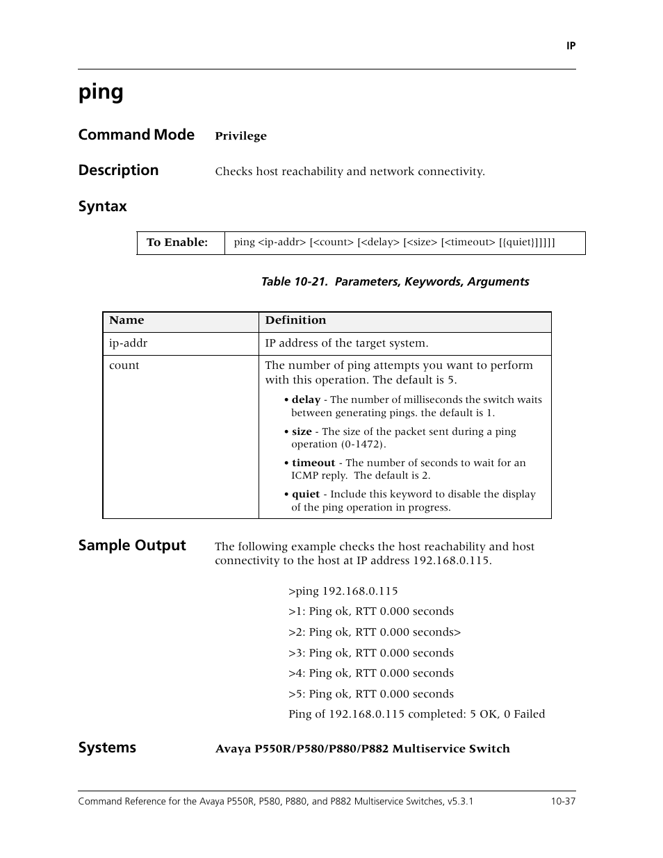 Ping, Ping -37, Command mode | Description, Syntax, Sample output, Systems | Avaya Cajun P550R User Manual | Page 192 / 679