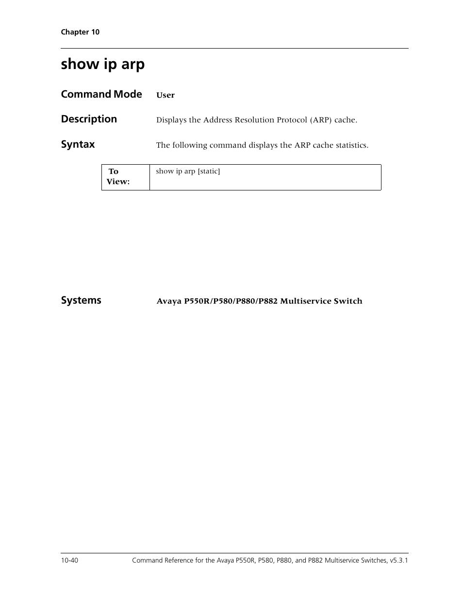 Show ip arp, Show ip arp -40 | Avaya Cajun P550R User Manual | Page 195 / 679