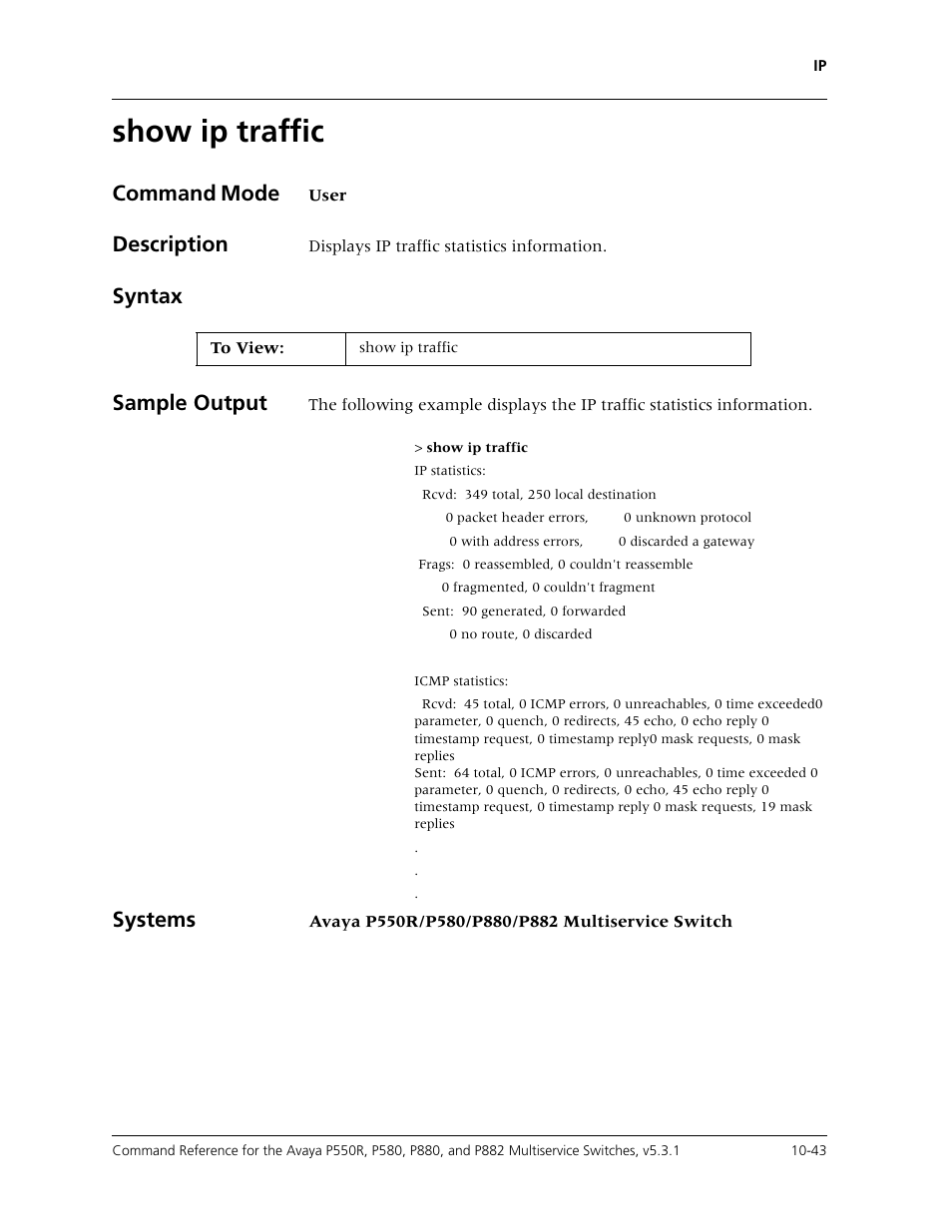 Show ip traffic, Show ip traffic -43, Command mode | Description, Syntax sample output, Systems | Avaya Cajun P550R User Manual | Page 198 / 679