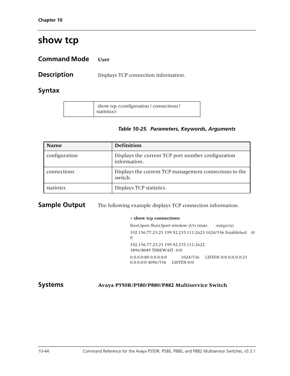 Show tcp, Show tcp -44, Command mode | Description, Syntax, Sample output, Systems | Avaya Cajun P550R User Manual | Page 199 / 679