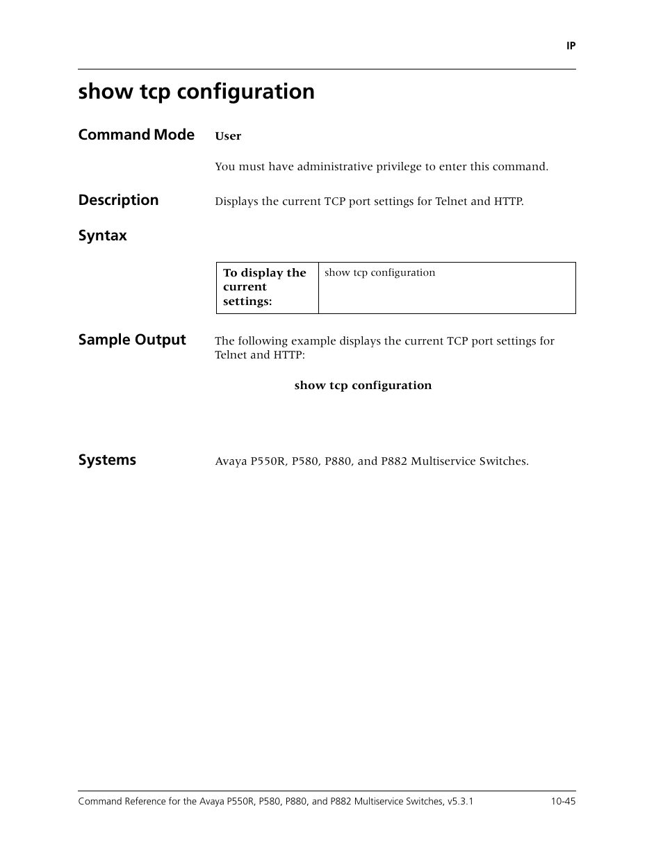 Show tcp configuration, Show tcp configuration -45 | Avaya Cajun P550R User Manual | Page 200 / 679