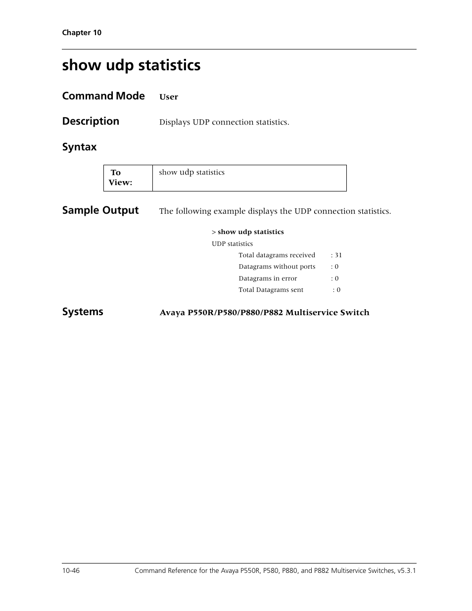 Show udp statistics, Show udp statistics -46, Command mode | Description, Syntax sample output, Systems | Avaya Cajun P550R User Manual | Page 201 / 679