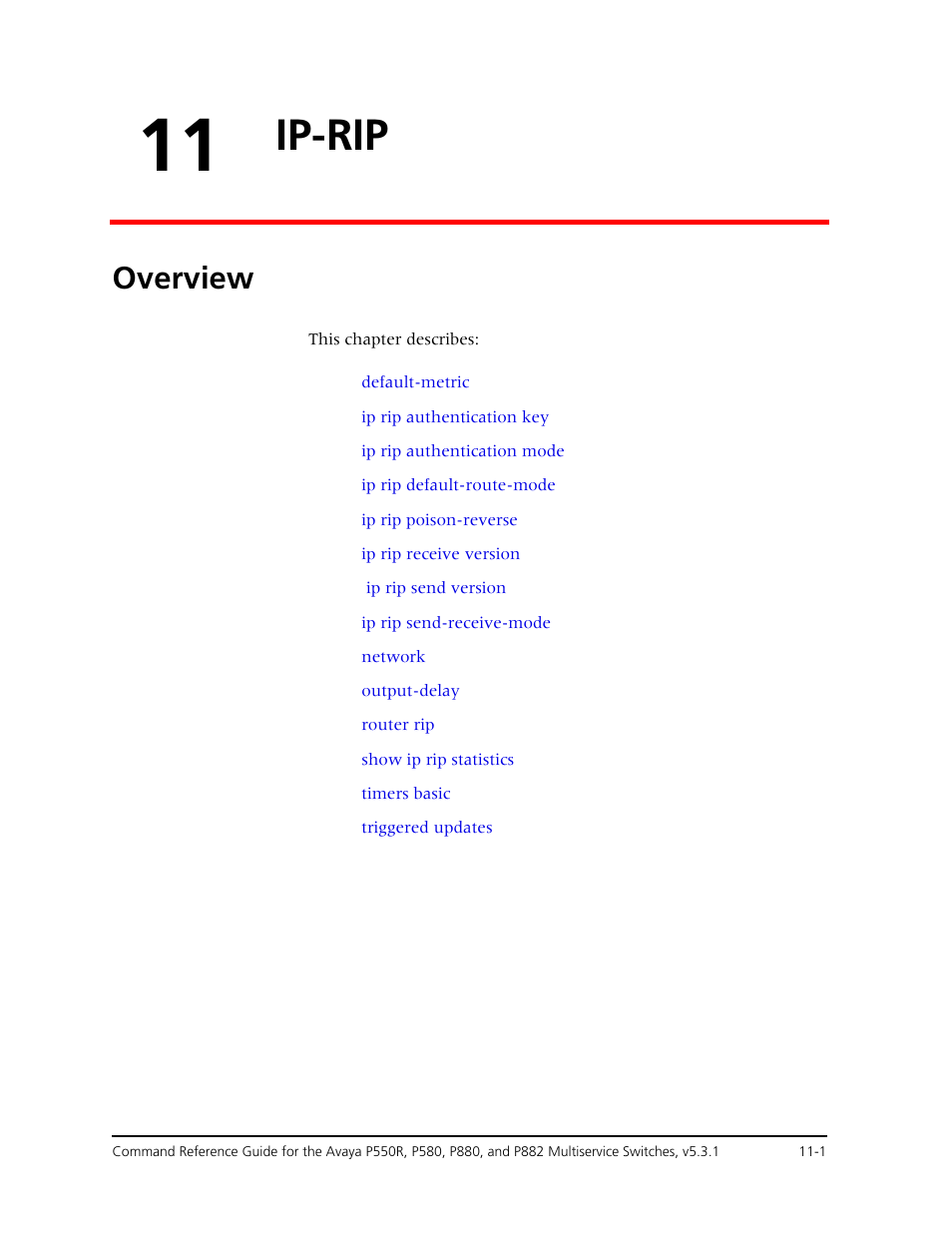 11 ip-rip, Overview, Chapter 11 — ip-rip -1 | Overview -1, Ip-rip | Avaya Cajun P550R User Manual | Page 202 / 679