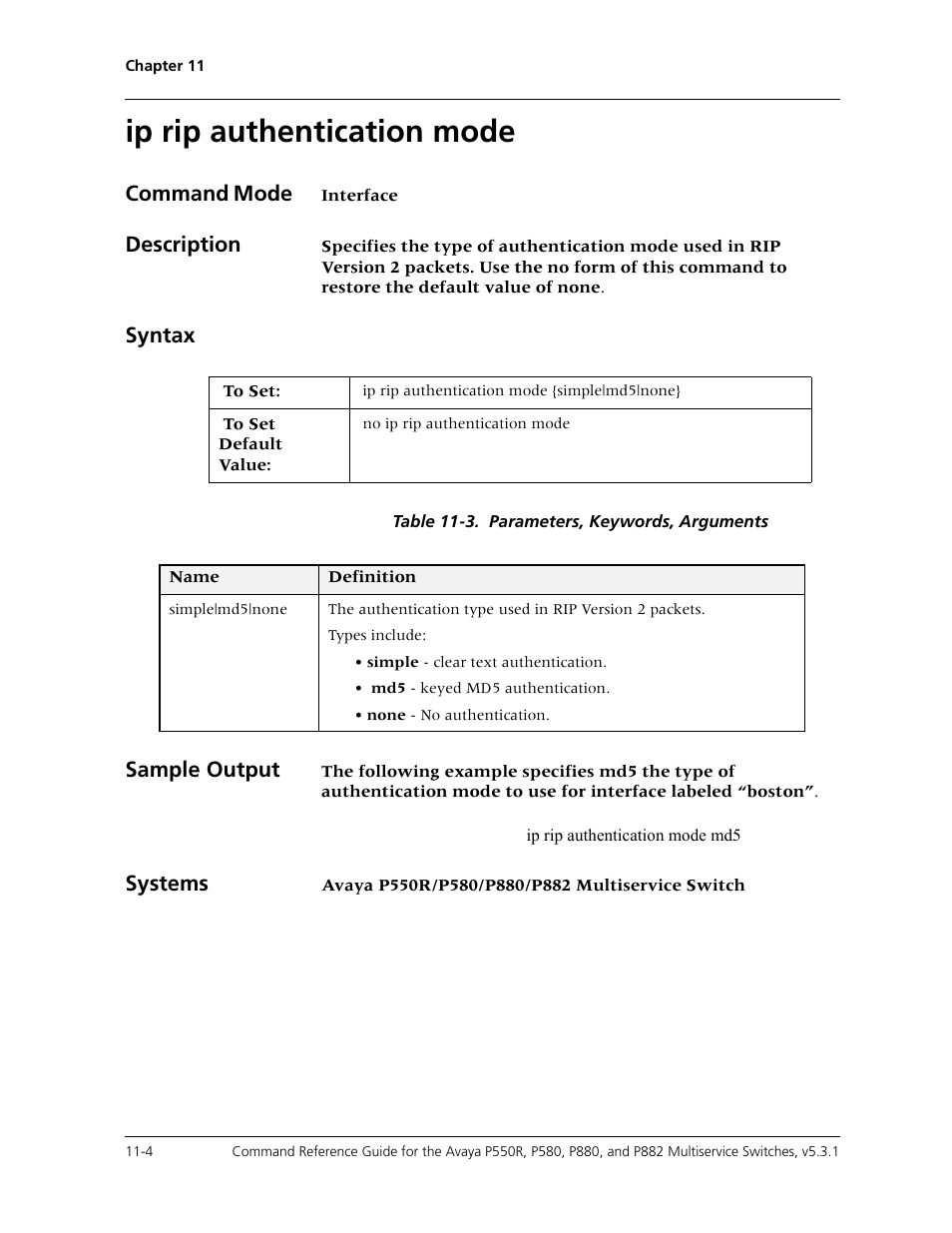 Ip rip authentication mode, Ip rip authentication mode -4, Command mode | Description, Syntax, Sample output, Systems | Avaya Cajun P550R User Manual | Page 205 / 679