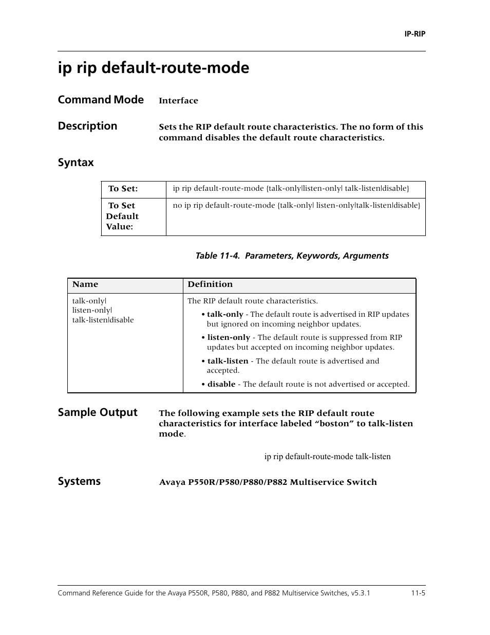 Ip rip default-route-mode, Ip rip default-route-mode -5, Command mode | Description, Syntax, Sample output, Systems | Avaya Cajun P550R User Manual | Page 206 / 679