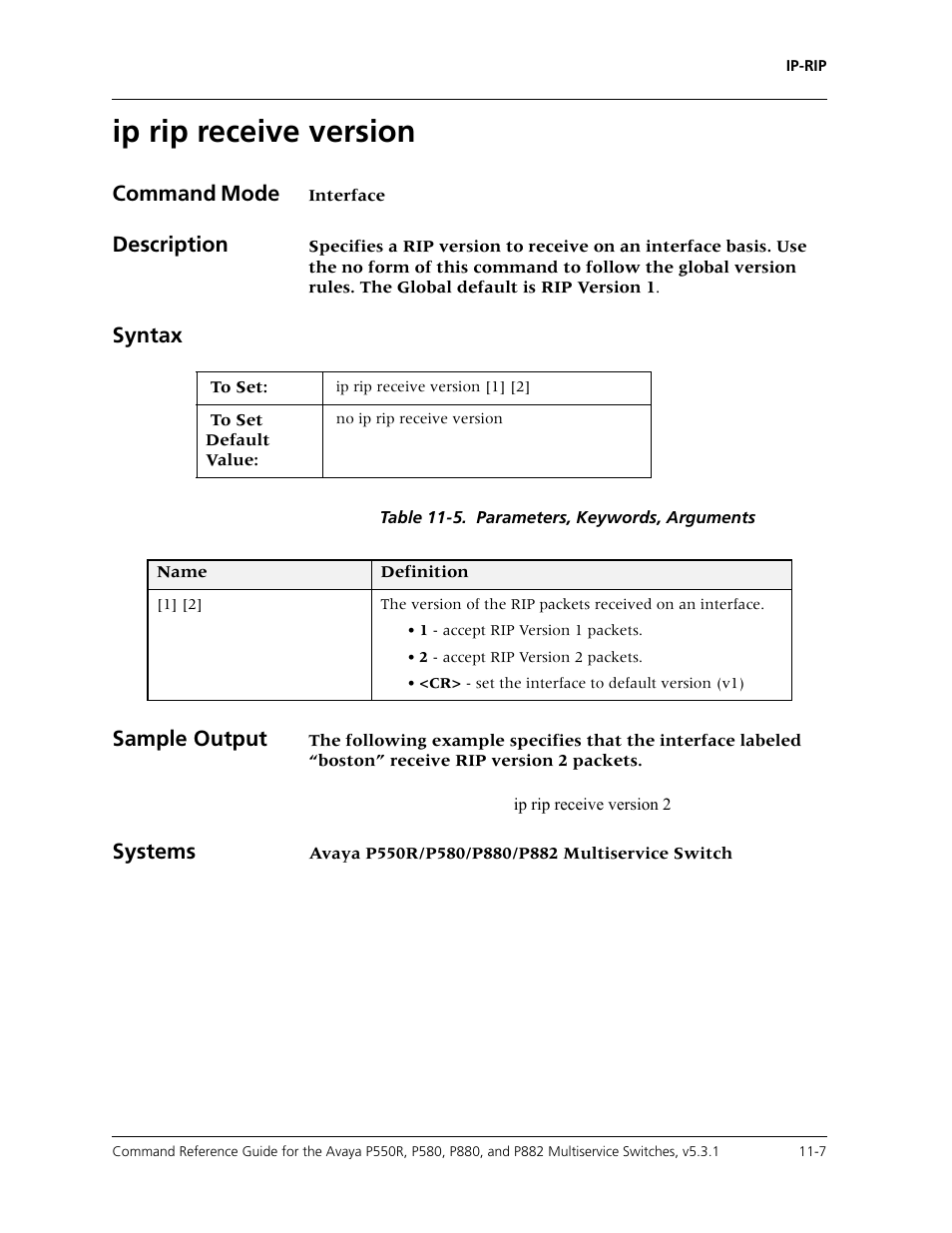 Ip rip receive version, Ip rip receive version -7, Command mode | Description, Syntax, Sample output, Systems | Avaya Cajun P550R User Manual | Page 208 / 679