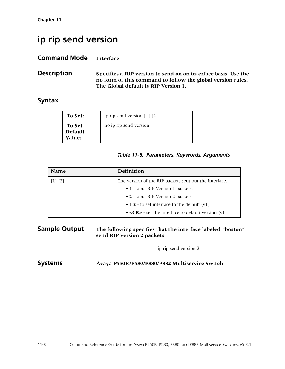 Ip rip send version, Ip rip send version -8, Command mode | Description, Syntax, Sample output, Systems | Avaya Cajun P550R User Manual | Page 209 / 679