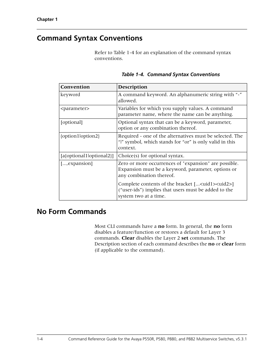 Command syntax conventions, No form commands | Avaya Cajun P550R User Manual | Page 21 / 679