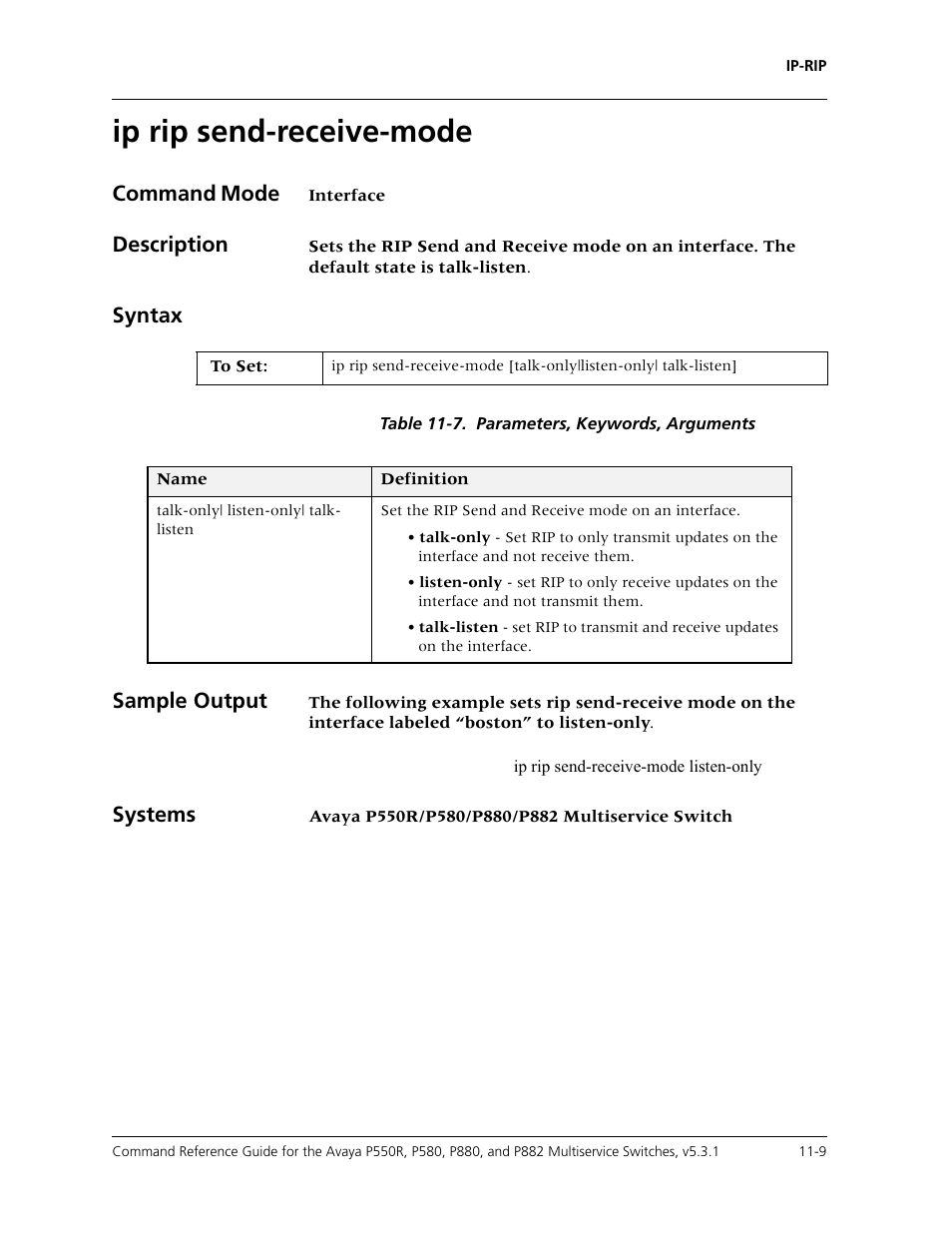 Ip rip send-receive-mode, Ip rip send-receive-mode -9, Command mode | Description, Syntax, Sample output, Systems | Avaya Cajun P550R User Manual | Page 210 / 679